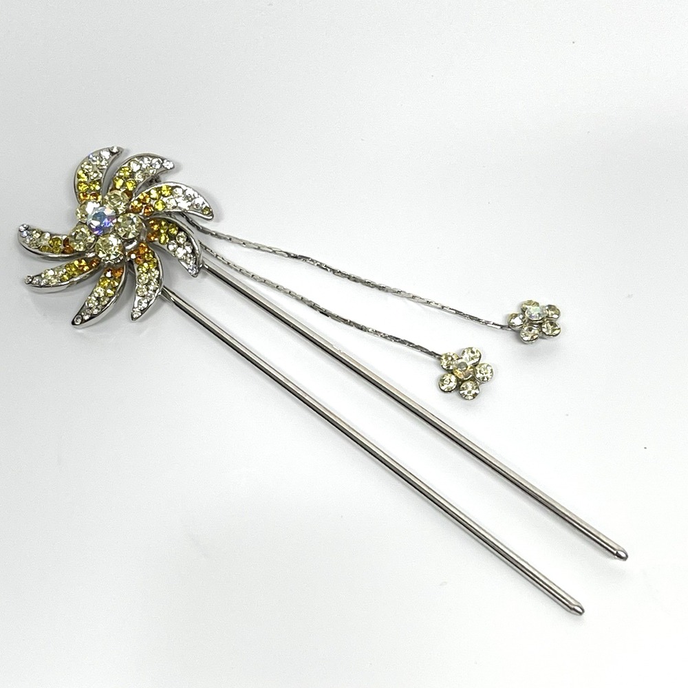 Vintage Hair Stick Pin Silver Tone Metal‎ Sunflower Rhinestones & Dangles Boho